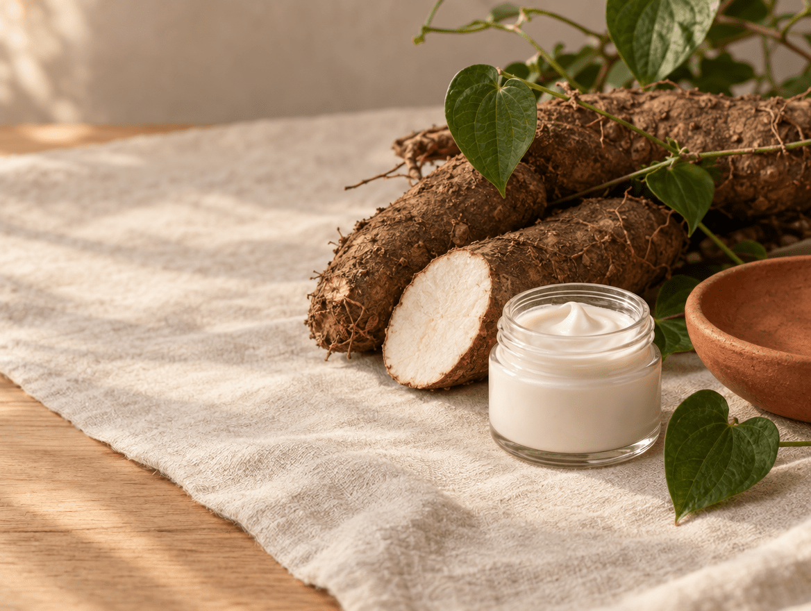 Wilde Yamswurzeln mit Blättern neben einem Tiegel Creme auf Leinen
