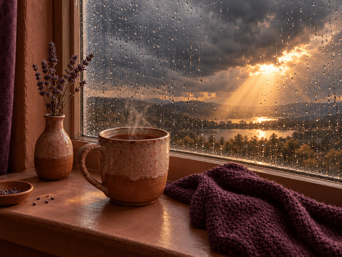 Teetasse am regennassen Fenster, draußen bricht die Sonne durch Gewitterwolken – Symbol für Stimmungsschwankungen