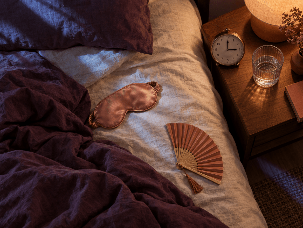 Zerwühltes Bett bei Nacht mit Wecker auf 3 Uhr, Wasserglas, Schlafmaske und Fächer