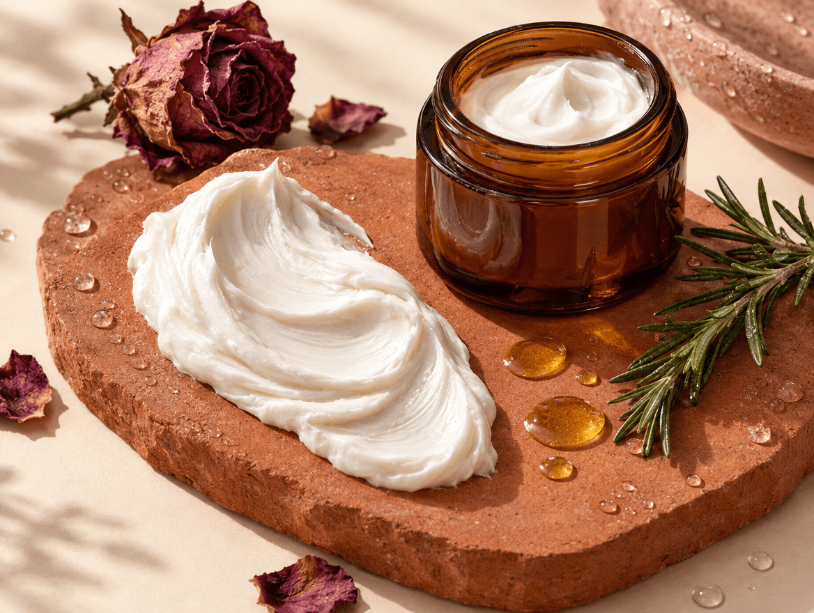 Reichhaltige Creme als Swatch auf Terrakotta-Stein mit Öltropfen, Rosmarin und getrockneter Rose