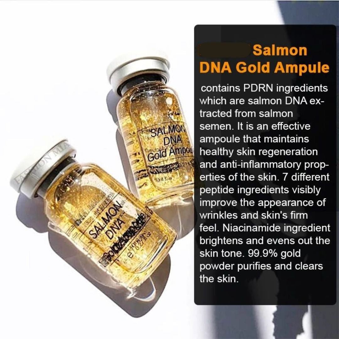 Aarwaan Dermalux Salmon DNA Gold Ampoule Serum Kit with four serum bottles in elegant packaging, designed for skincare.
