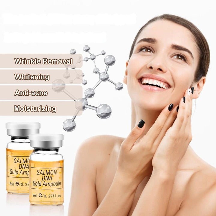 Aarwaan Dermalux Salmon DNA Gold Ampoule Serum Kit with six gold-colored ampoules and clear dropper bottles.