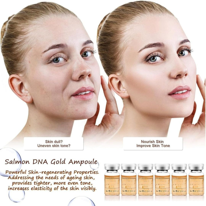 Dermalux Salmon DNA Gold Ampoule Serum Kit by Aarwaan showing the serum bottles and packaging on a white background.