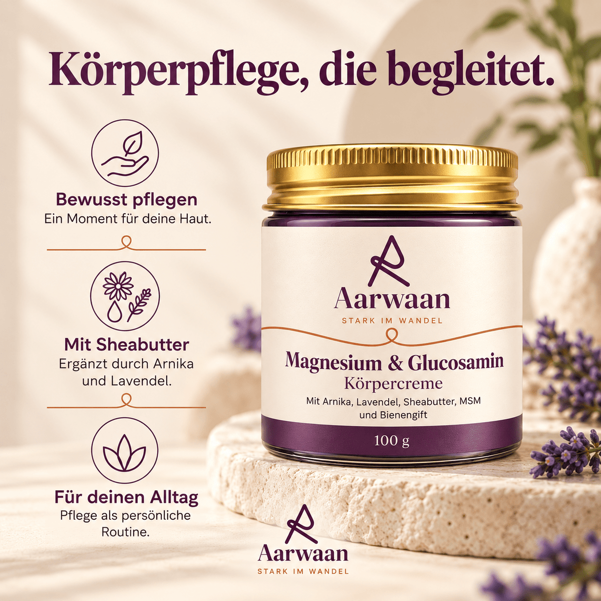 Aarwaan magnesium cream jar with label, showing the cream's smooth texture and natural ingredients on a clean background.