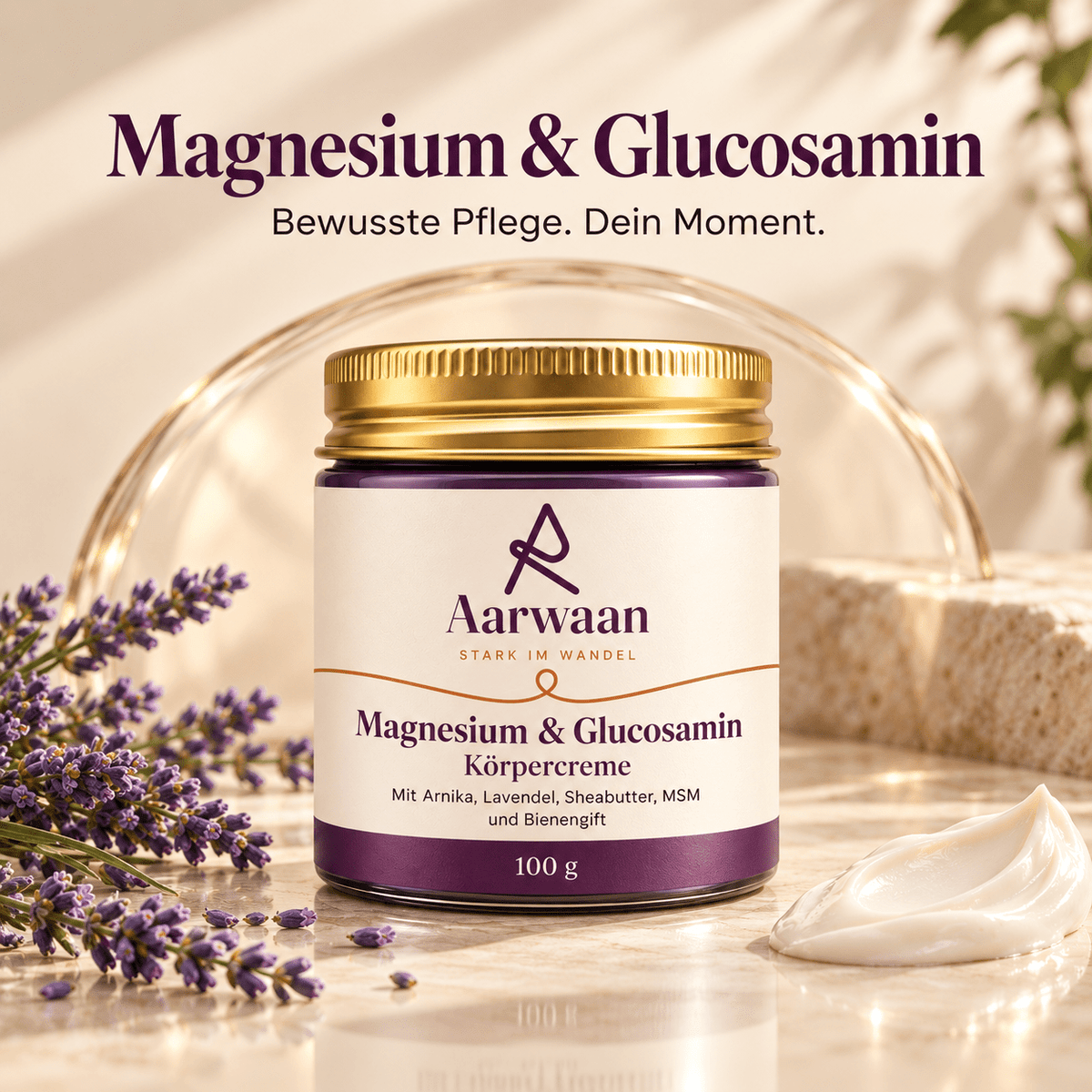 Aarwaan magnesium cream jar with a white lid and label, displayed on a neutral background, showcasing the skincare product.