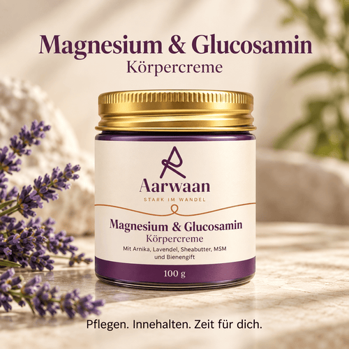 Aarwaan magnesium cream with lavender in a jar, showing the creamy texture and lavender flowers for soothing skin relief.