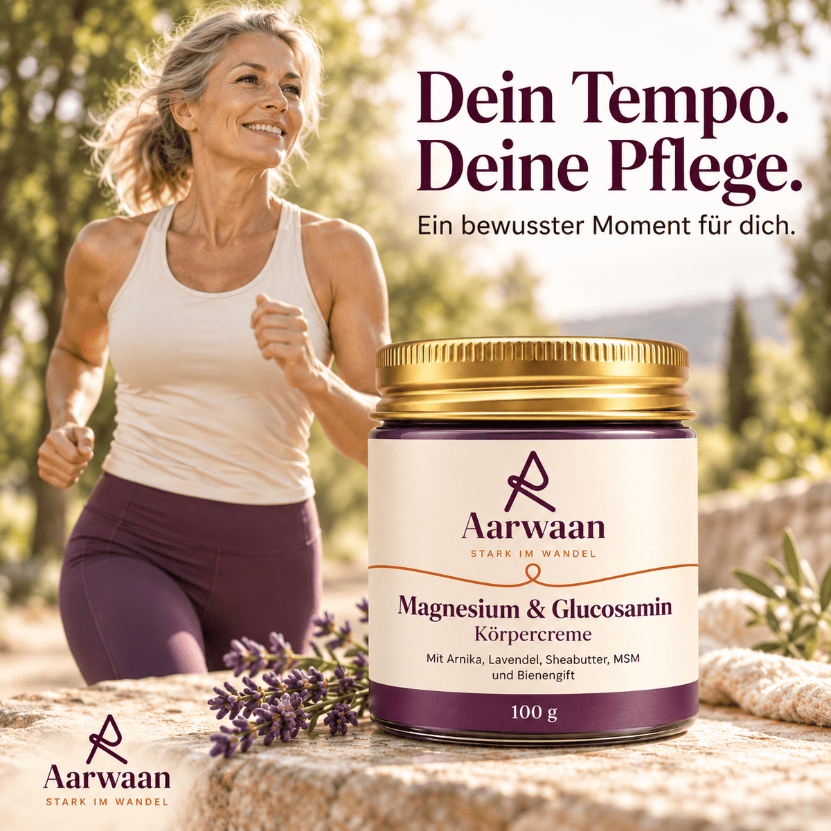 Aarwaan magnesium cream jar with a white label, open lid, and cream visible, placed on a natural wooden surface.