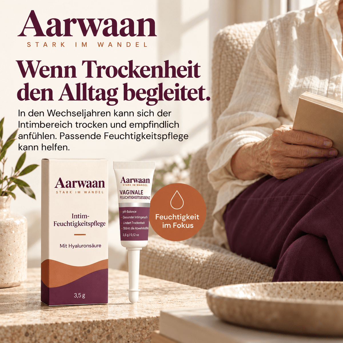 Aarwaan Intimate Moisture Essence tube, designed for menopause relief, with a sleek white and blue packaging.