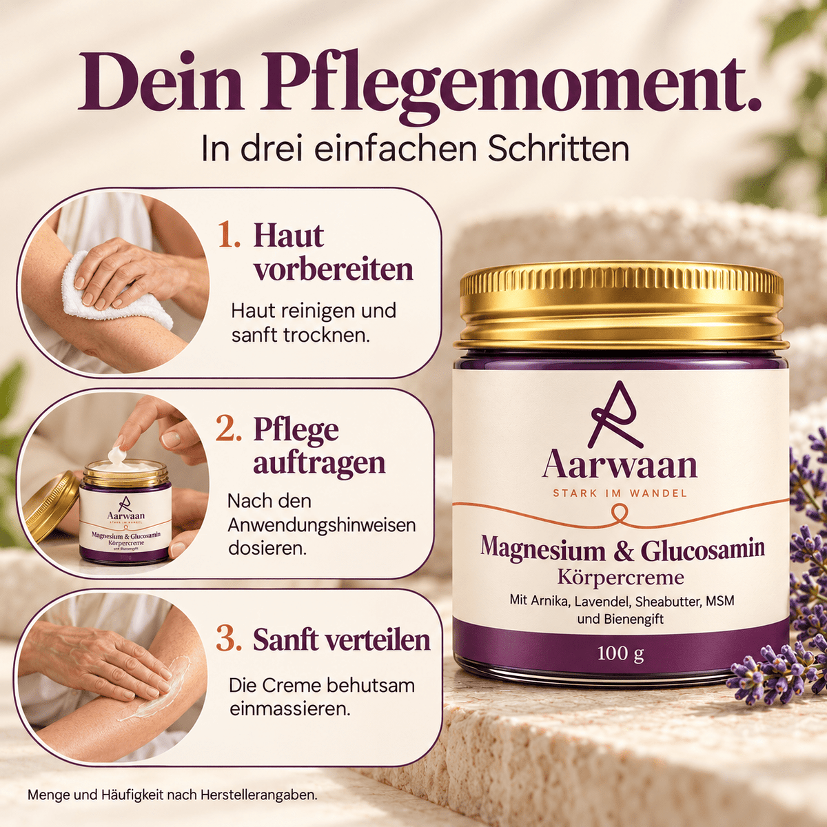 Aarwaan Magnesium Cream application guide showing three-step process on a clean skincare surface.