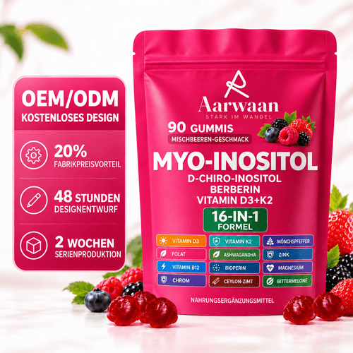 Aarwaan Myo-Inositol Komplex Gummies, 16-in-1 formula, 90 fruity gummies in a transparent jar with colorful label.
