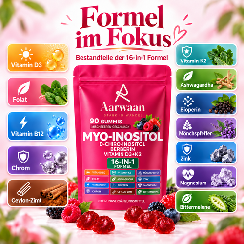 Aarwaan Myo-Inositol Komplex Gummies with 16-in-1 formula, 90 berry-flavored gummies in a clear jar with colorful label.