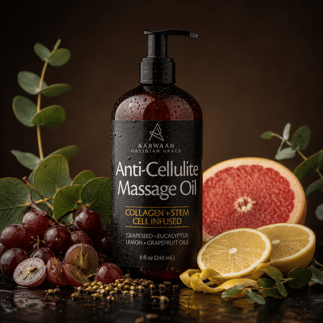 Aarwaan Velura™ anti-cellulite massage oil bottle with product label, highlighting its use for skin firming and cellulite reduction.