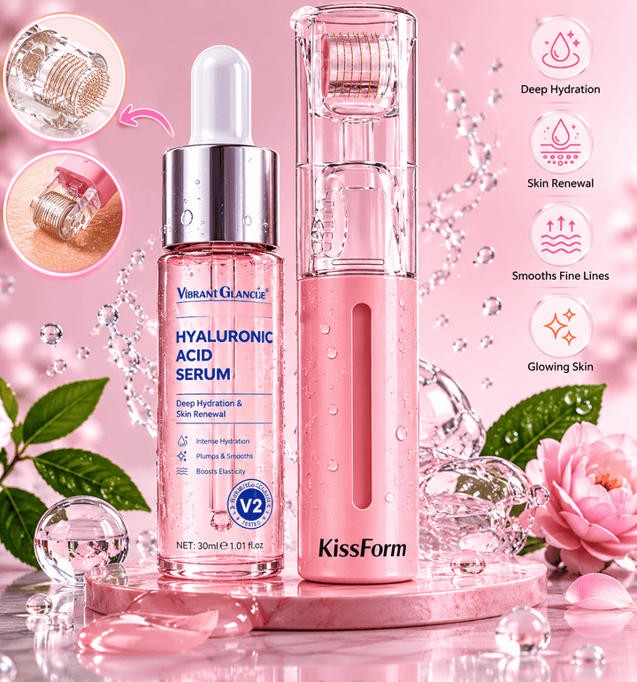 A close-up of the KISSFORM™ Lips Plumping Kit by aarwaan, featuring lip gloss, plumping serum, and applicators on a white background.