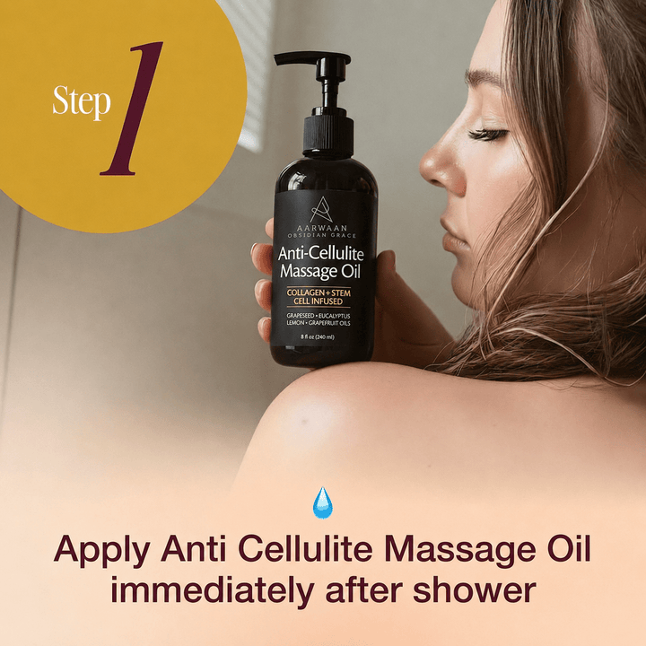 Aarwaan Velura™ anti-cellulite massage oil bottle with a sleek design, showing the product label and smooth oil surface.