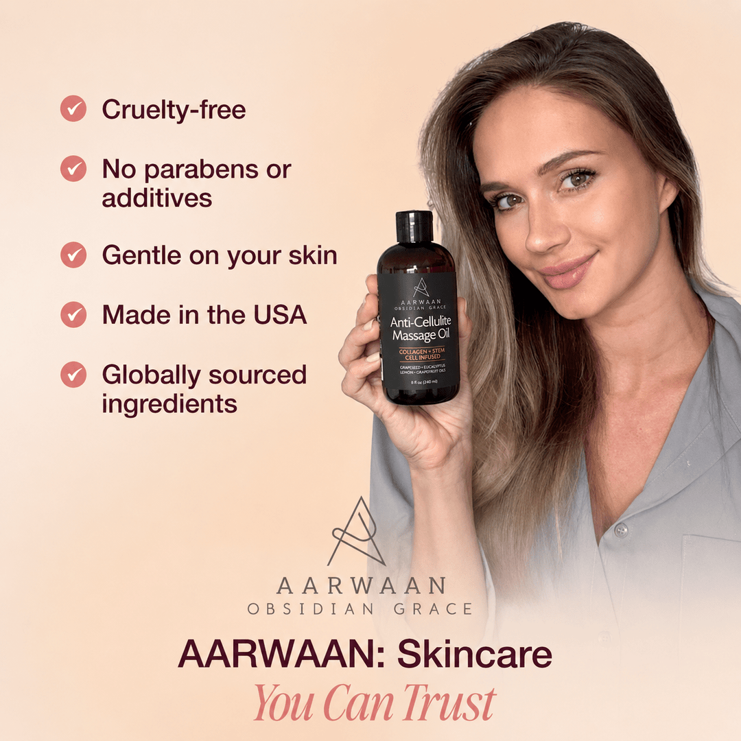 Aarwaan Velura™ anti-cellulite massage oil bottle with a sleek design, suitable for skin tightening and cellulite reduction.