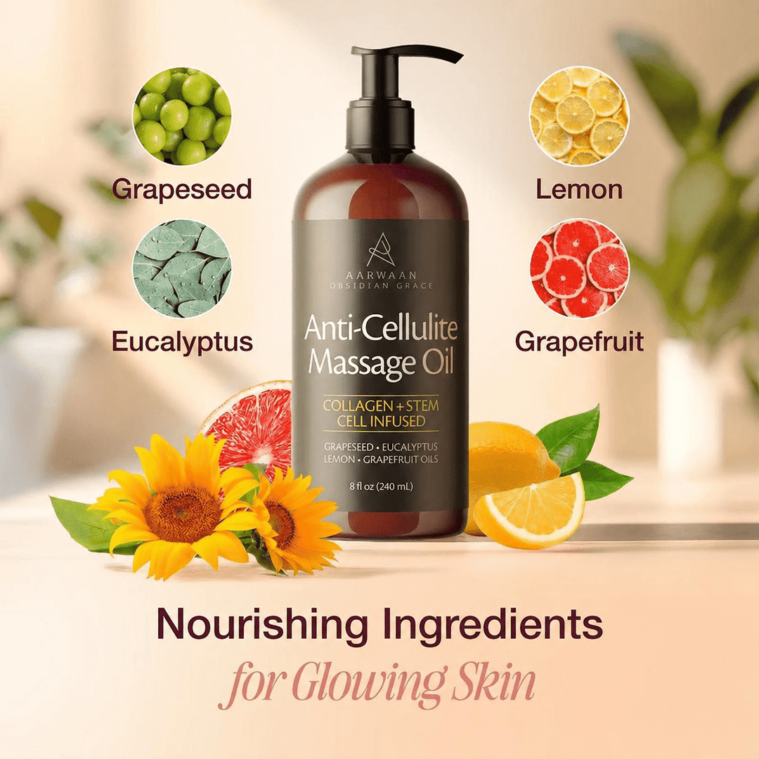 Aarwaan Velura™ anti-cellulite massage oil bottle with a sleek design, displayed on a neutral background.