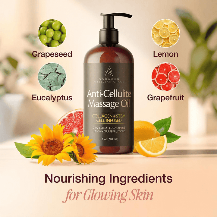 Aarwaan Velura™ anti-cellulite massage oil bottle with a sleek design, displayed on a neutral background.