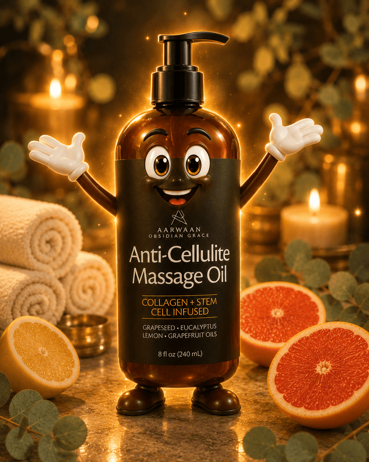 Aarwaan Velura™ anti-cellulite massage oil bottle with applicator, showcasing the product's sleek packaging and smooth oil texture.