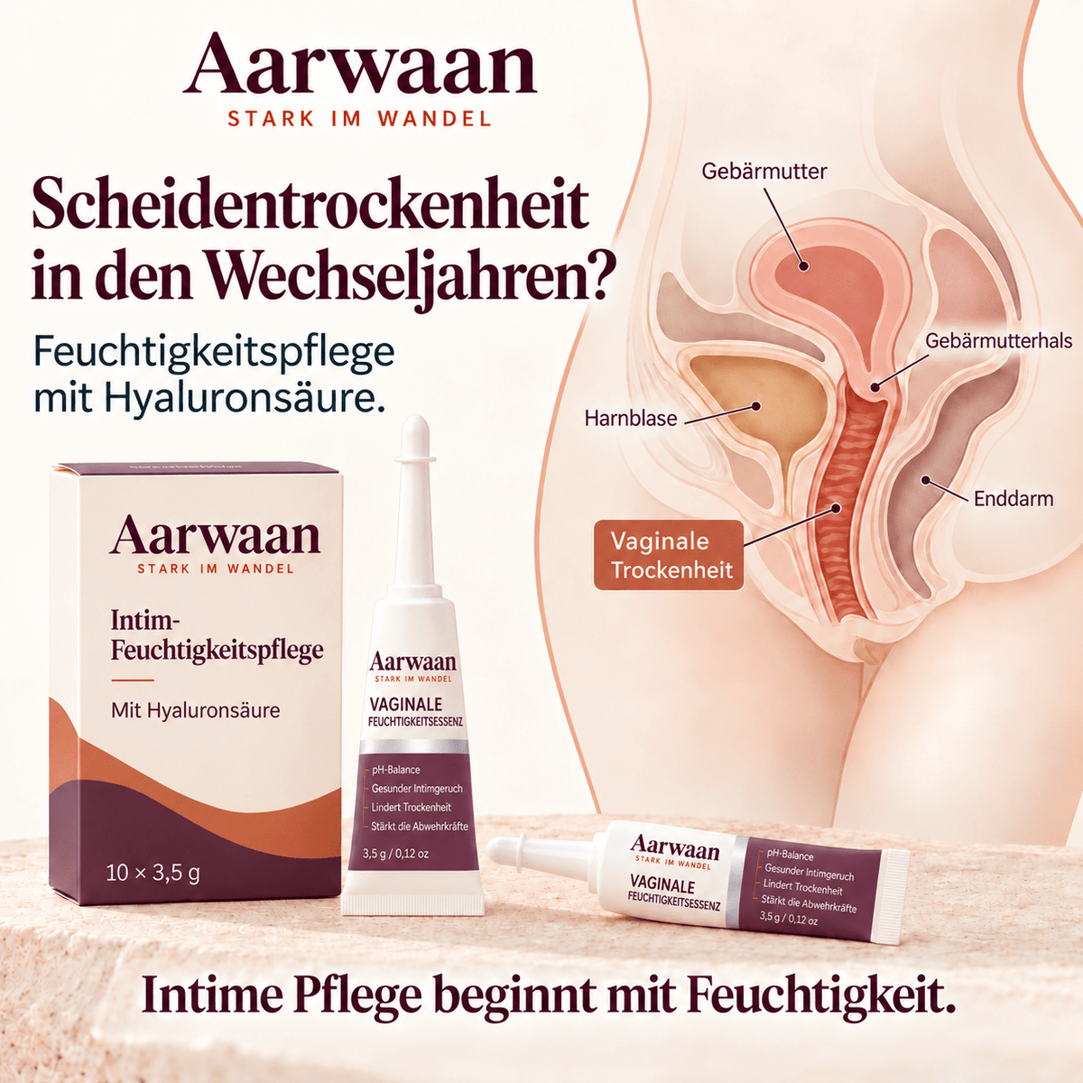 Aarwaan Intimfeuchtigkeitspflege for menopause with dual nozzles, smooth and gentle application for intimate comfort.