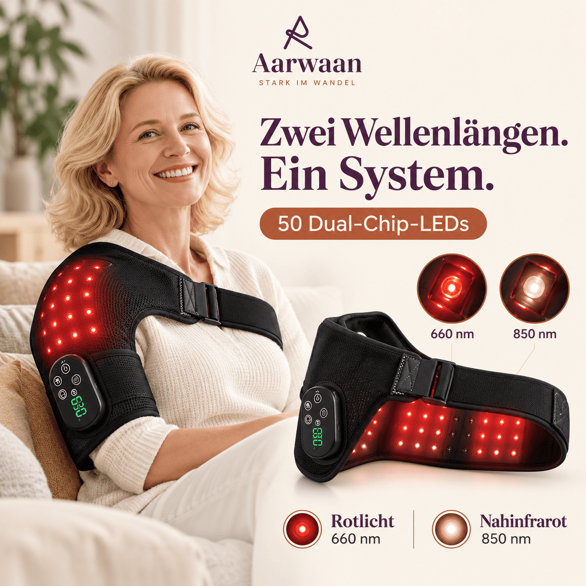 Aarwaan wireless red light therapy and heating vibration massage device with dual-wavelength LED shoulder wrap for pain relief.