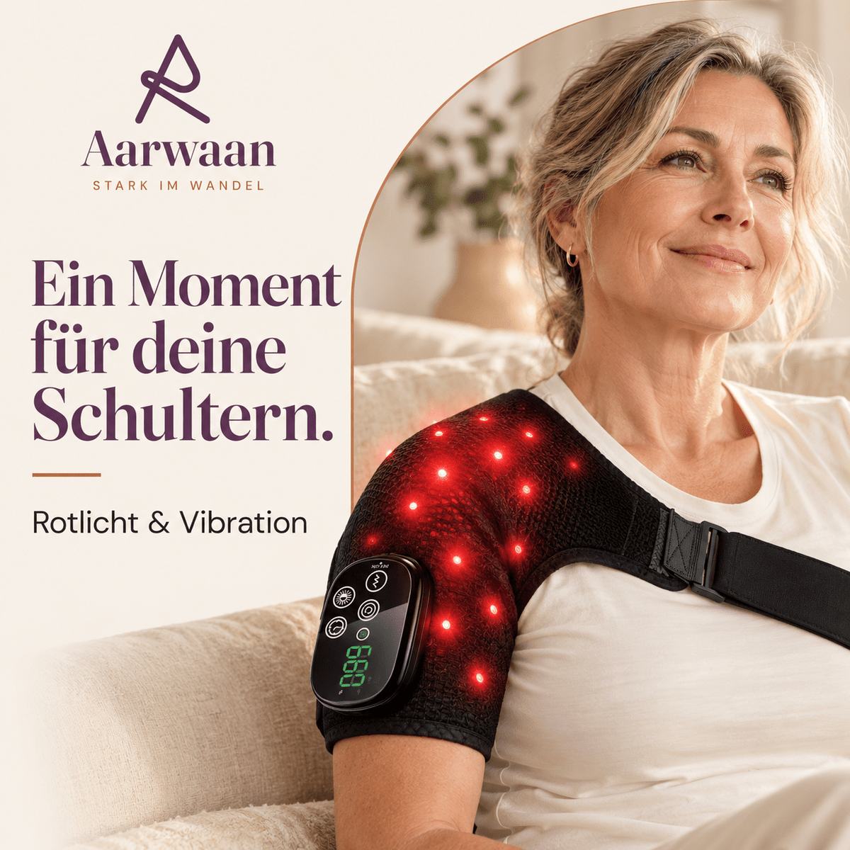 Aarwaan wireless red light therapy shoulder wrap for heating, vibration massage, and relief, shown in elegant red color.