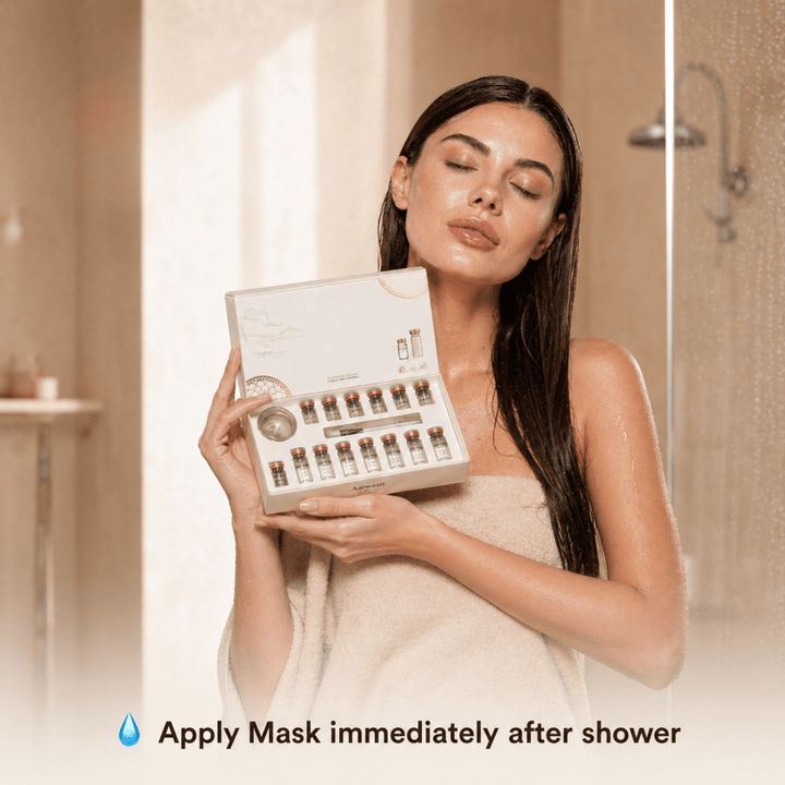 Aarwaan Korean Collagen Face Mask Set with multiple sheet masks laid out, designed for skin hydration and rejuvenation.