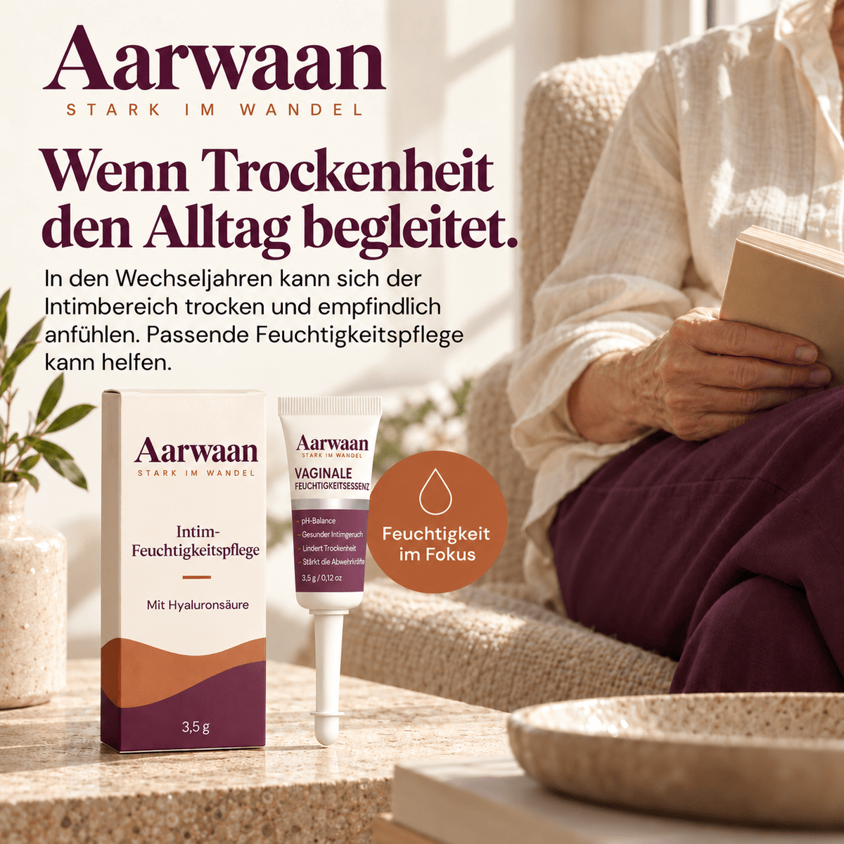 Aarwaan Intimfeuchtigkeitspflege for menopause with precision nozzle, designed for intimate moisture support during hormonal changes.