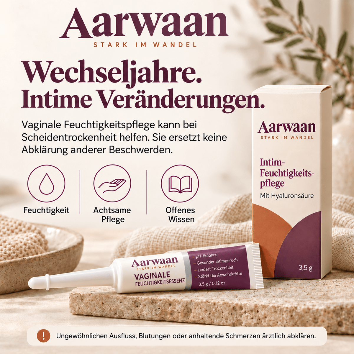 Aarwaan Intimfeuchtigkeitspflege for menopause with precision nozzle on packaging, designed for comfortable intimate care during menopause.