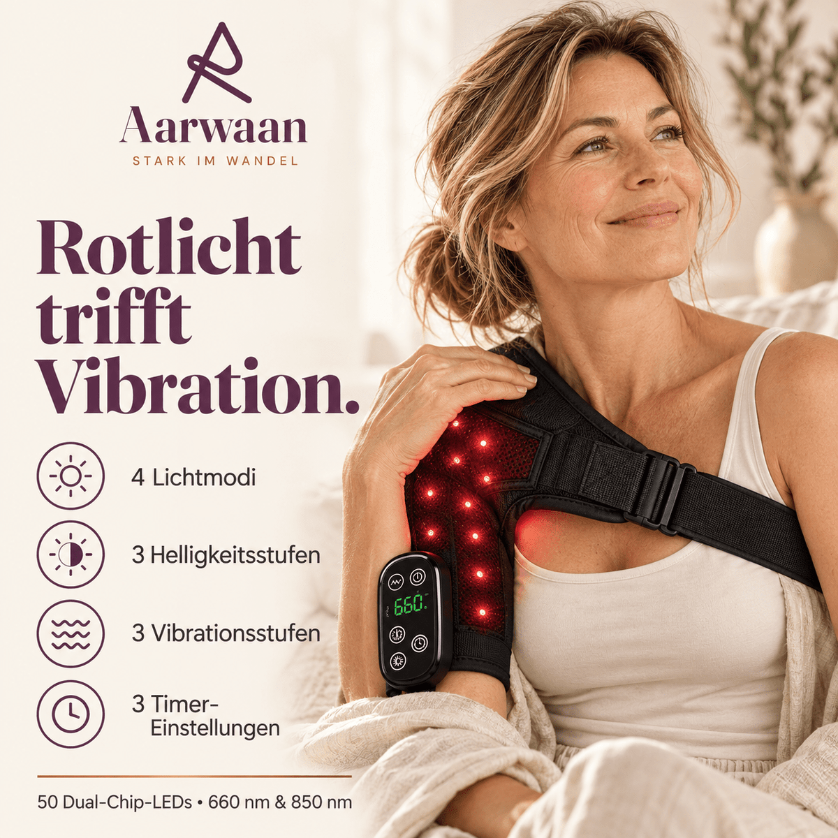 Aarwaan wireless red light therapy and vibration massage device with red light and control buttons on a sleek black and red design.