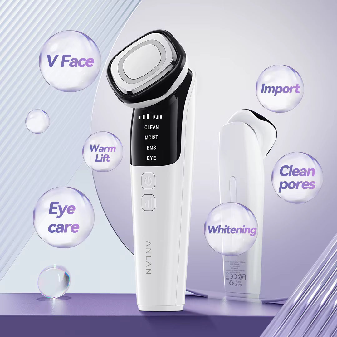 Aarwaan facial massager with LED photon therapy for face lifting and deep skin rejuvenation, shown in a sleek design.