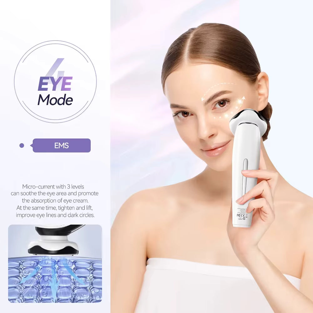 Aarwaan facial massager with LED photon therapy for face lifting and deep skin rejuvenation, shown with ergonomic design and control buttons.