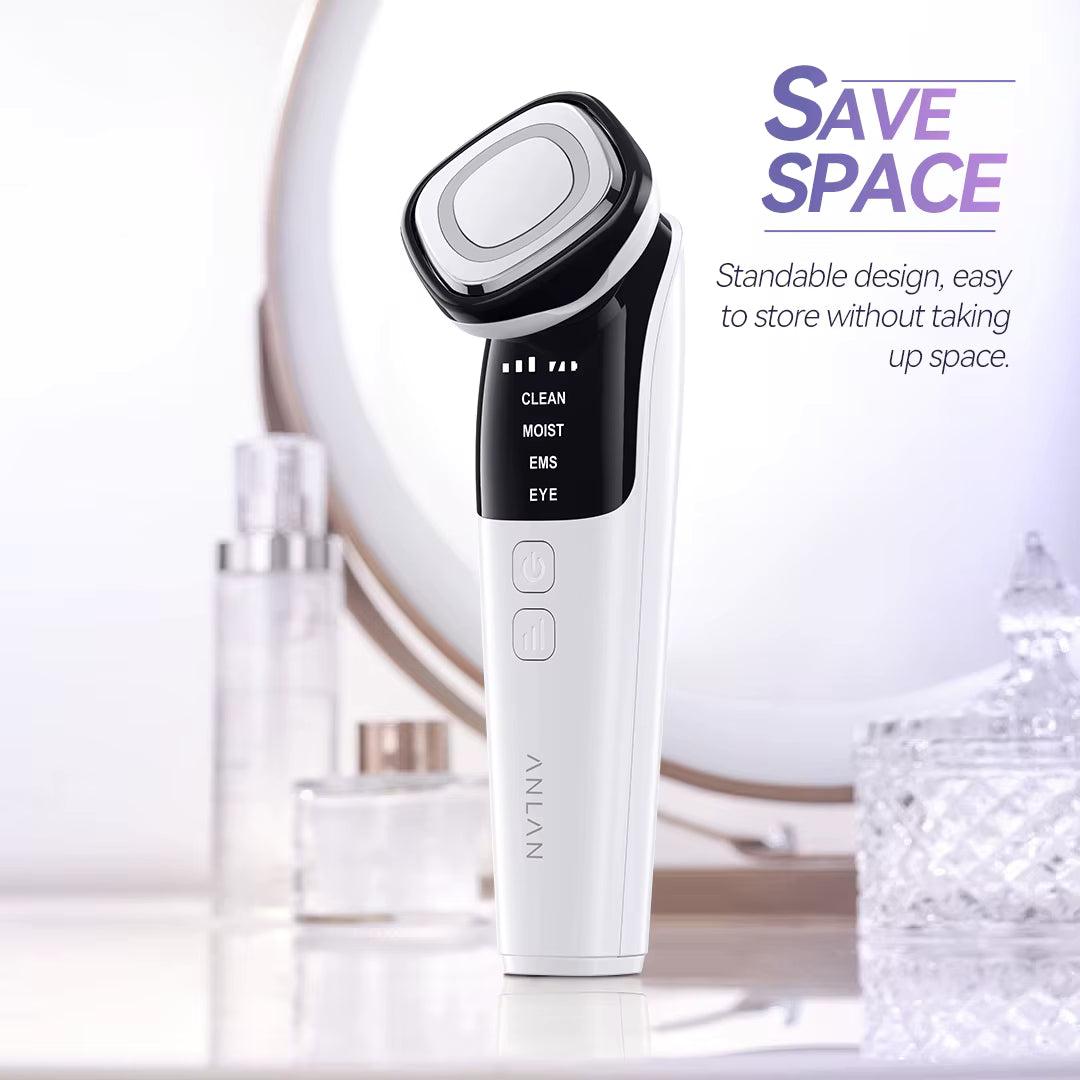 Aarwaan facial massager with LED photon therapy for face lifting and deep skin rejuvenation, shown in close-up view.