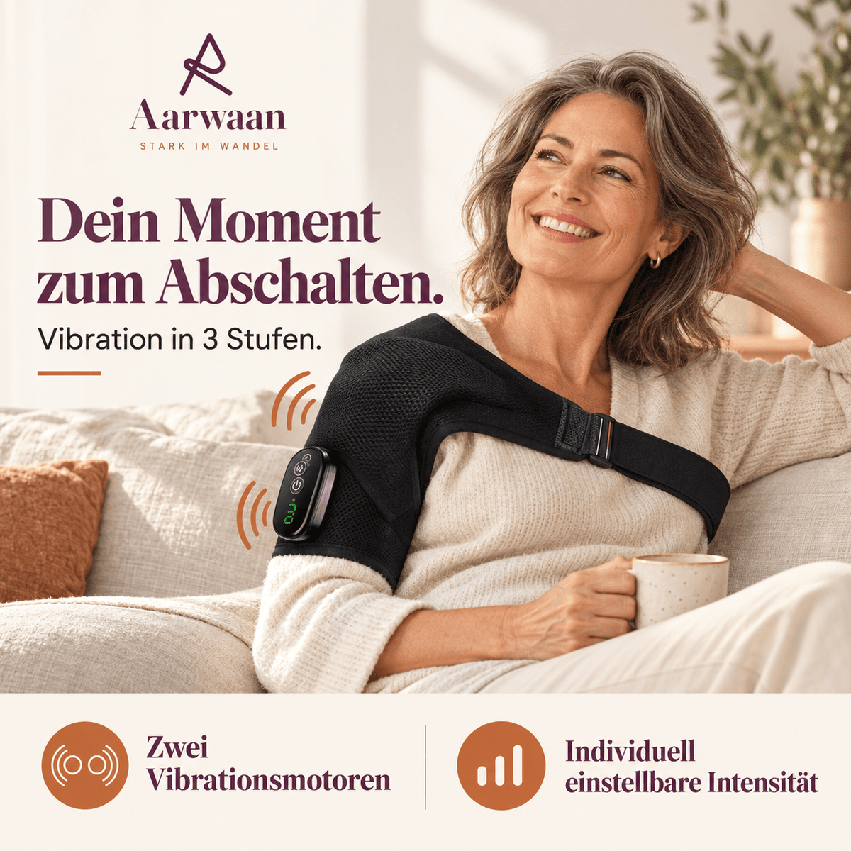 Woman relaxing with Aarwaan wireless infrared heat and vibration massage device wrapped around her shoulders.